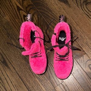 Dr. Martens Fuzzy Pink Boots with Black Laces